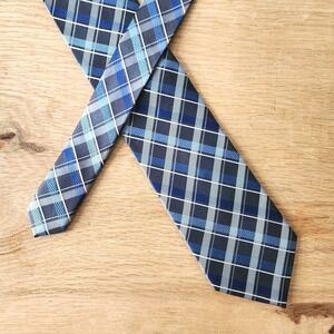 NWT Pronto Uomo Necktie Tie 100% Silk Black Blue‎ Silver Plaid Mens New Metallic